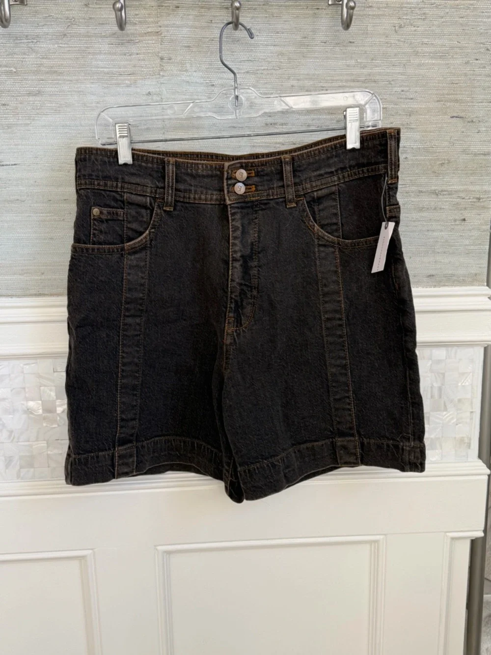 NWT new 28 Anthropologie pilcro seamed long denim jean shorts black gray gold - Picture 3 of 17